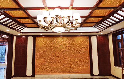 祁门中式别墅客厅中式木作横梁吊顶装饰展示